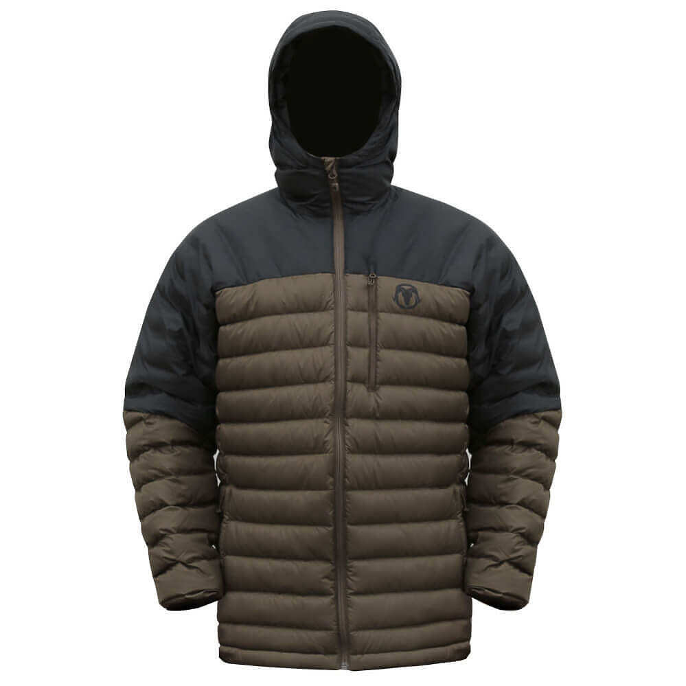 A hooded puffer jacket with a two-tone color-blocked design, featuring a dark charcoal upper section and sleeves, and an olive brown quilted lower section and sleeves. The jacket has a full-length front zipper and a small circular logo on the left chest.