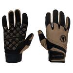 A pair of tactical touchscreen gloves shown front and back. The gloves feature a black and tan color scheme, with a repeating monogram pattern on the back, a black wrist strap, and a small circular logo on the back of the hand.