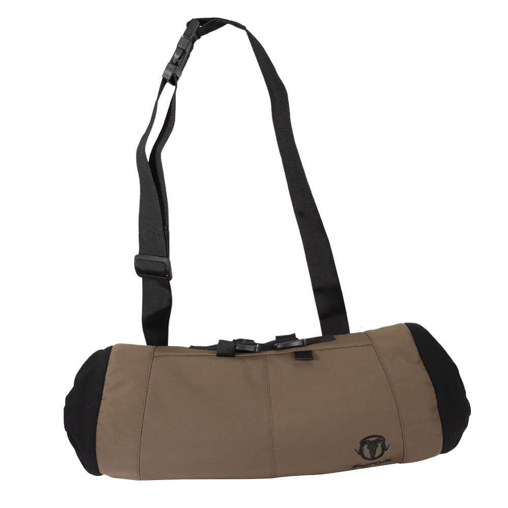 A tan and black cylindrical shoulder bag with a long black adjustable strap, shown against a plain white background.