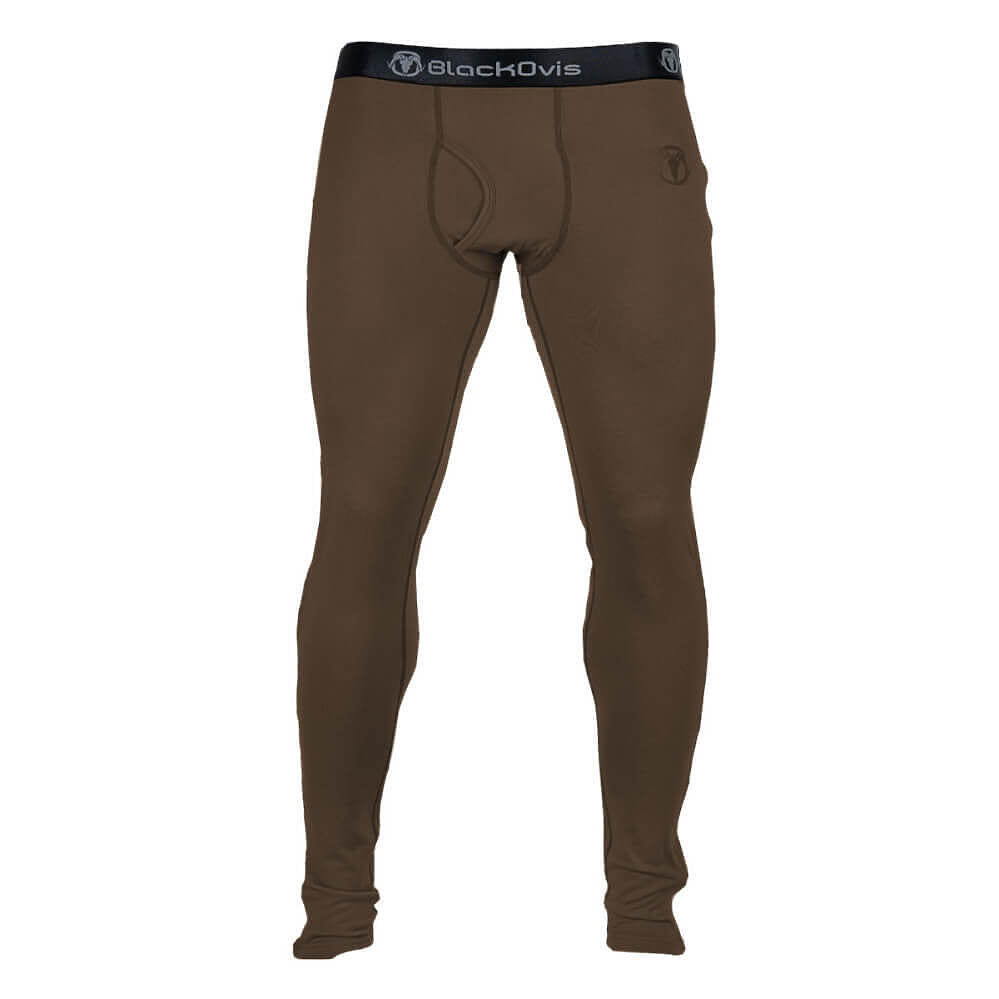 A pair of men's full-length compression tights in a dark brown color, featuring a black elastic waistband with the '' brand logo printed in white.