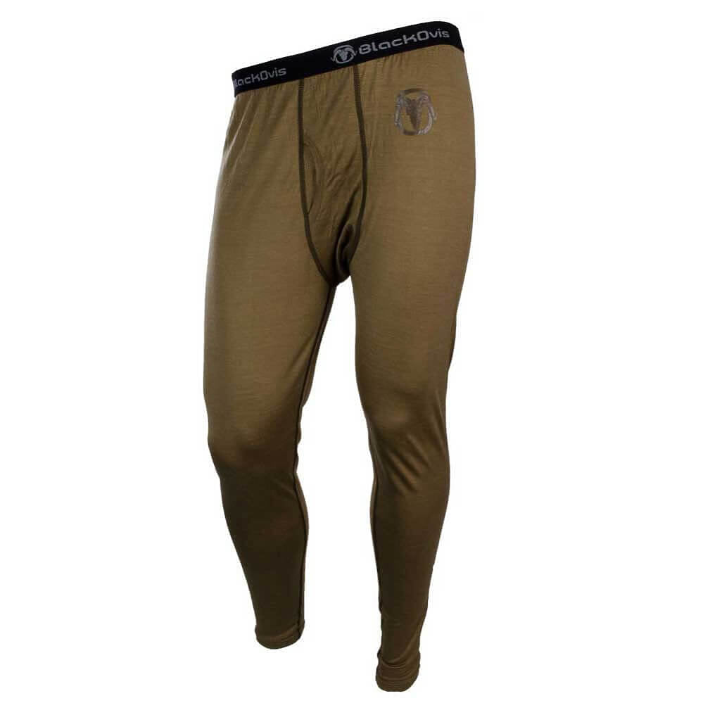 A pair of men's full-length underwear or thermal leggings in a muted olive-brown color, featuring a black elastic waistband with the brand name 'blackOvis' and a small metallic emblem on the upper left thigh.