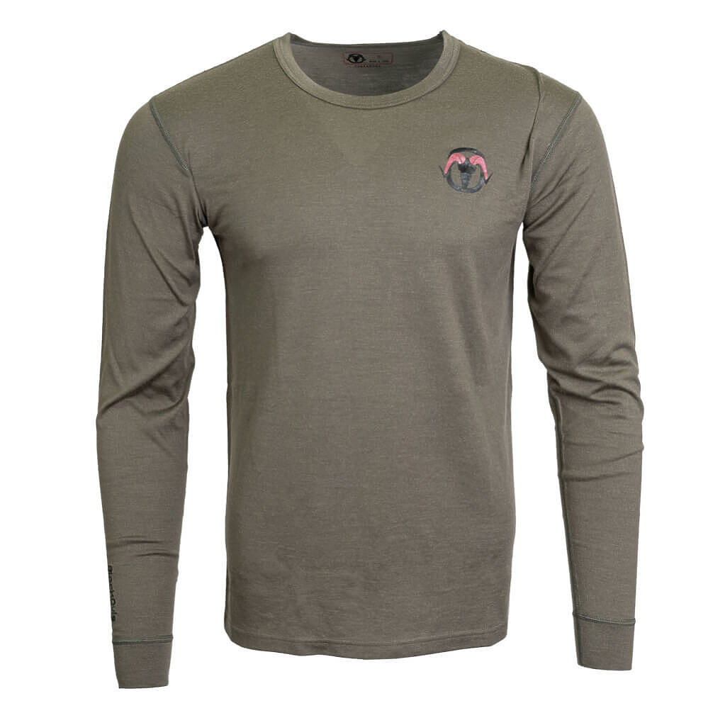 An olive green long-sleeve crewneck shirt with a small embroidered ram head logo on the left chest, shown against a plain white background.