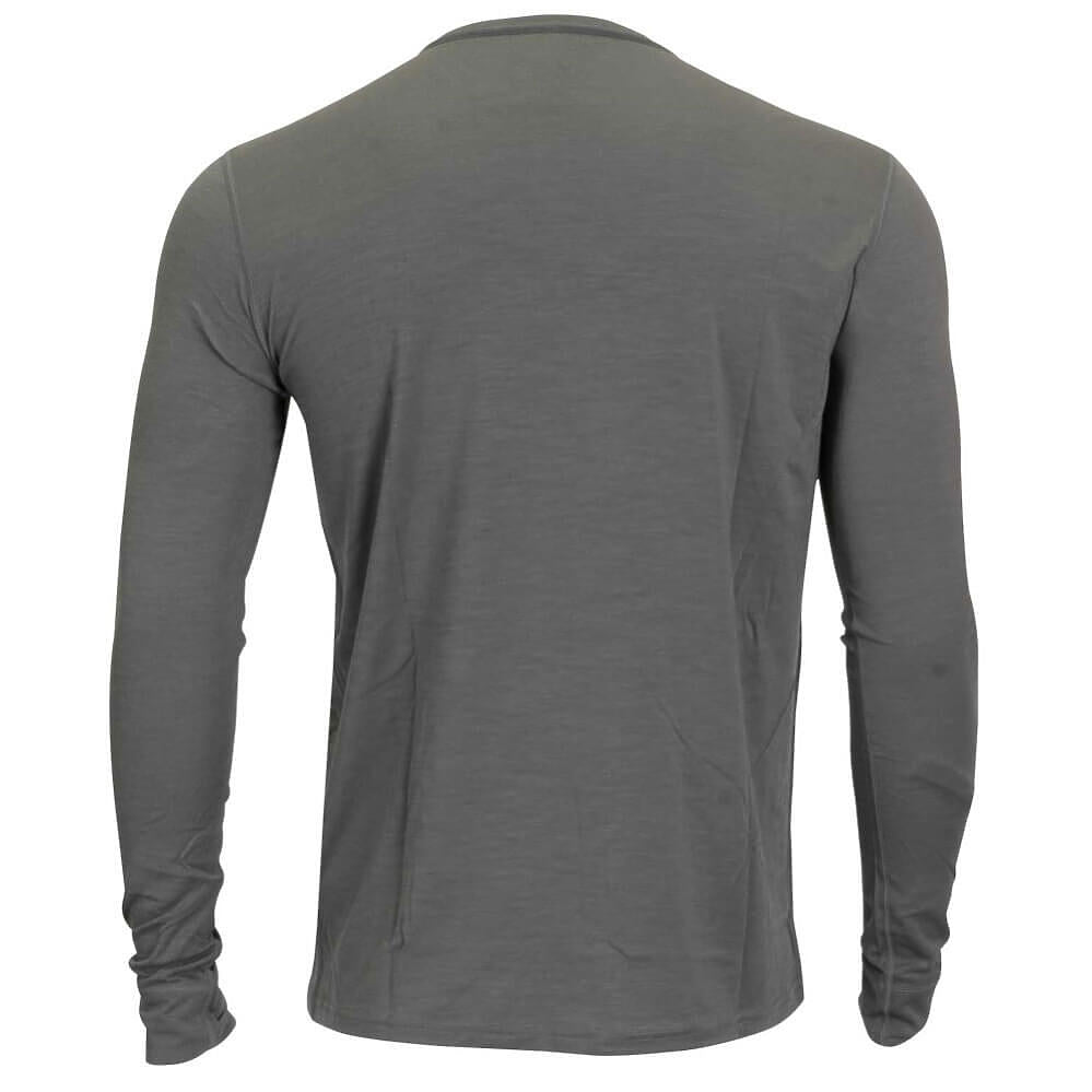 A dark gray long-sleeve crewneck shirt shown from the back, displayed on a headless mannequin against a plain white background.