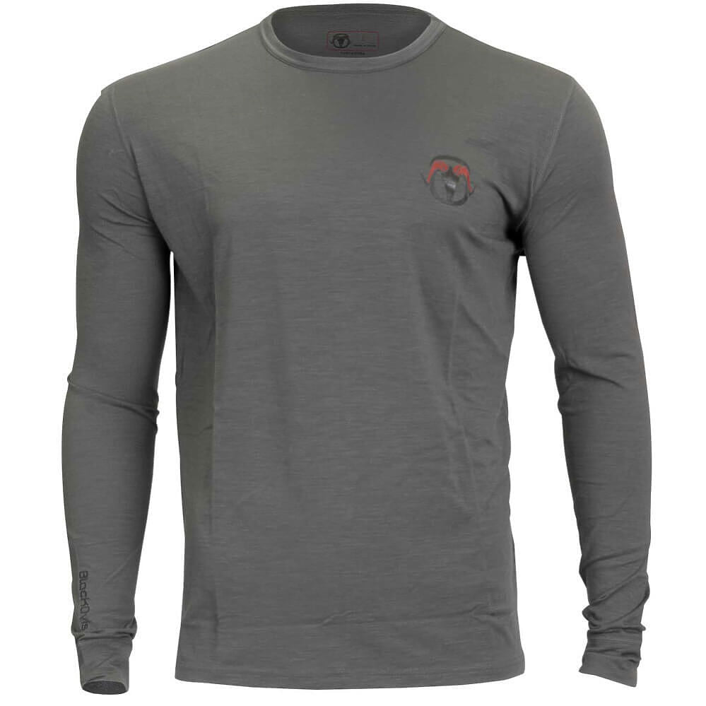 A dark gray long-sleeve crewneck shirt with a small red and black logo on the left chest, displayed on a clean white background.