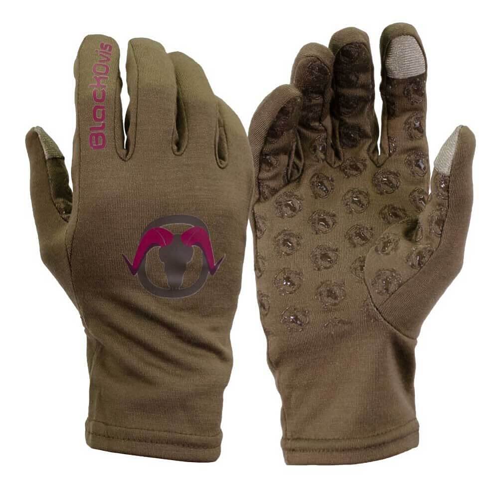 A pair of blackhounds hunting gloves in olive brown, showing both the back of one glove with a pink and black ram logo and the brand name 'BLACKHOUNDS' on the back of the hand, and the palm of the other glove with textured grip pads.