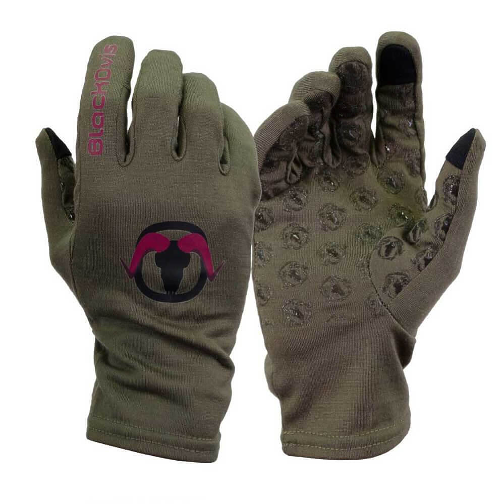 A pair of olive green insulated gloves shown against a white background, displaying both the back of one glove with a pink and black logo and the text 'SNOKIDOG' on the finger, and the palm of the other glove showing textured grip pads.