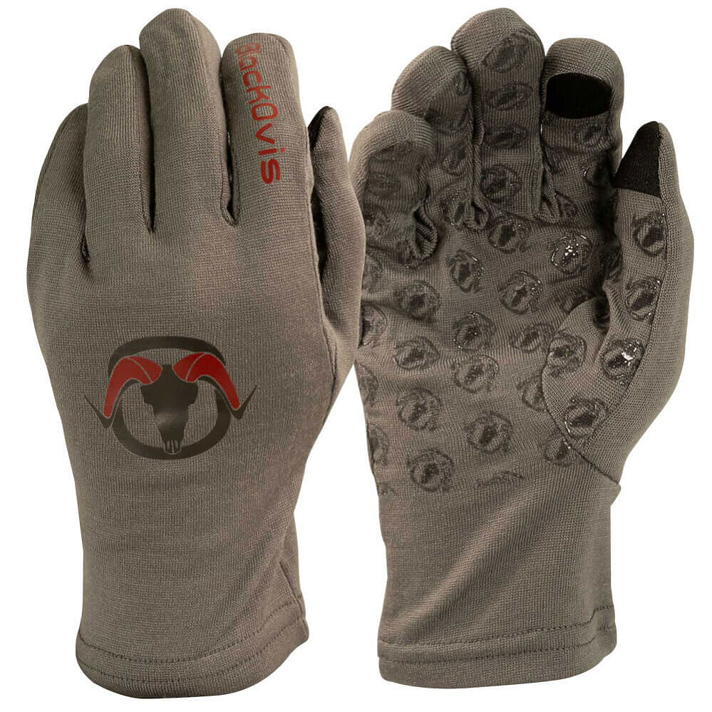 A pair of gray insulated gloves shown front and back on a white background. The left glove is shown from the back, featuring a red and black horn logo on the back of the hand and the brand name 'JACKDOVES' printed vertically on the index finger.