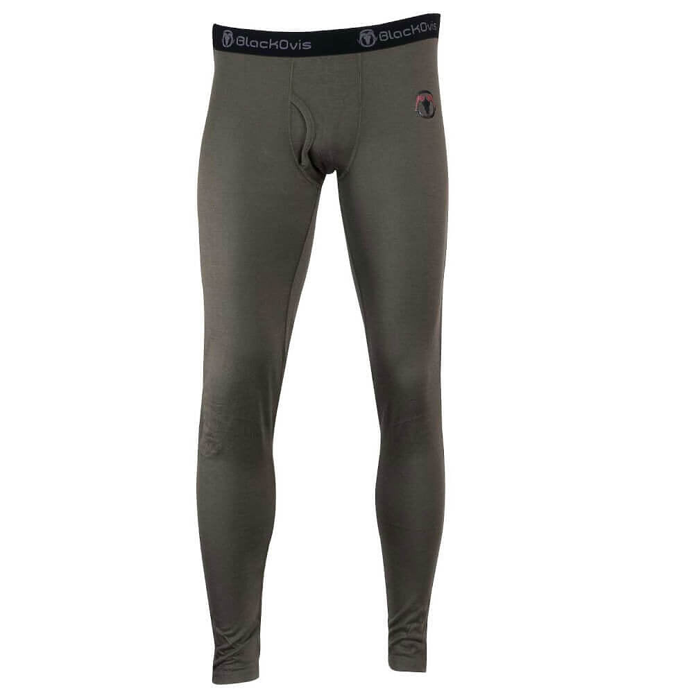 A pair of men's full-length compression leggings in a dark olive green color, featuring a black elastic waistband with the brand name '' printed in white, and a small circular logo on the upper left thigh.
