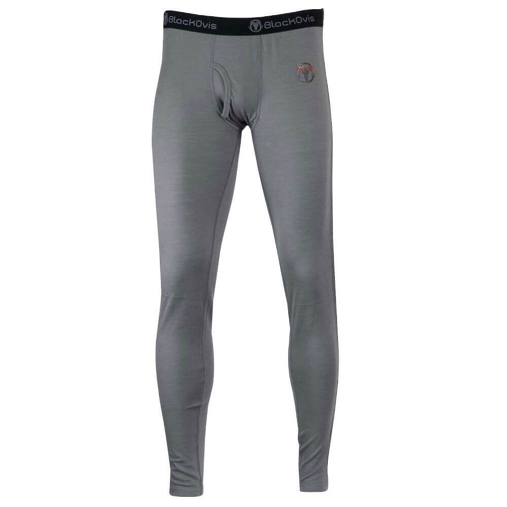 A pair of men's full-length compression leggings in heather gray, featuring a black waistband with the brand name '' and a small circular logo on the upper right thigh.