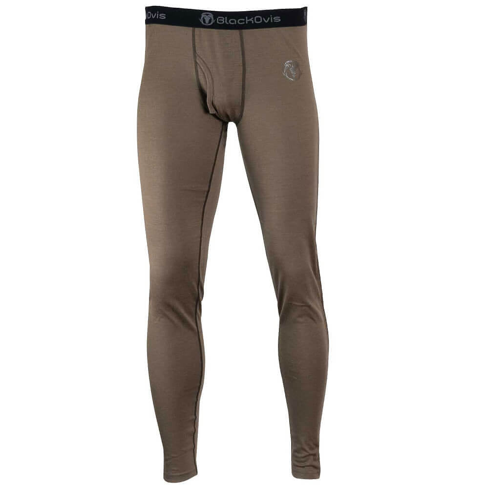 A pair of men's full-length compression leggings in a warm taupe-brown color, featuring a black elastic waistband with the '' brand logo in white. A small silver logo is printed on the upper left thigh.