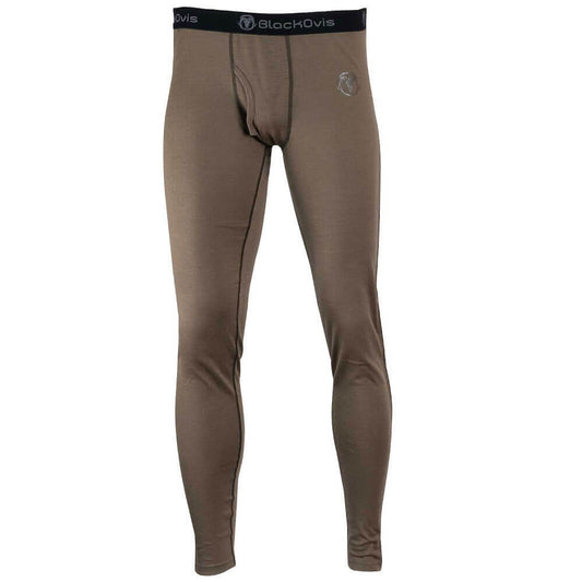 A pair of men's full-length compression leggings in a warm taupe-brown color, featuring a black elastic waistband with the '' brand logo in white. A small silver logo is printed on the upper left thigh.