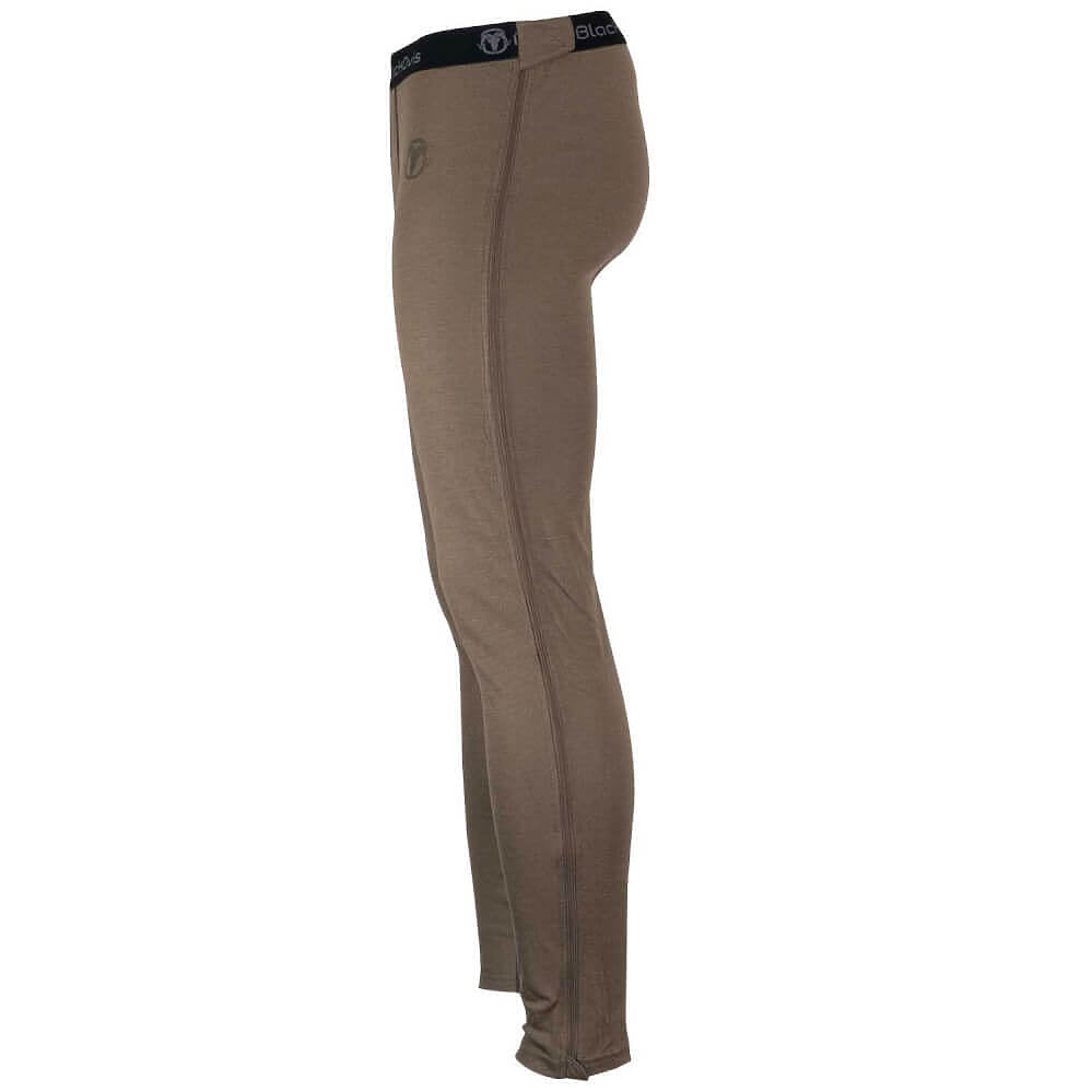 A pair of full-length, high-waisted technical leggings in a warm taupe-brown color, shown from a side profile view on a plain white background.