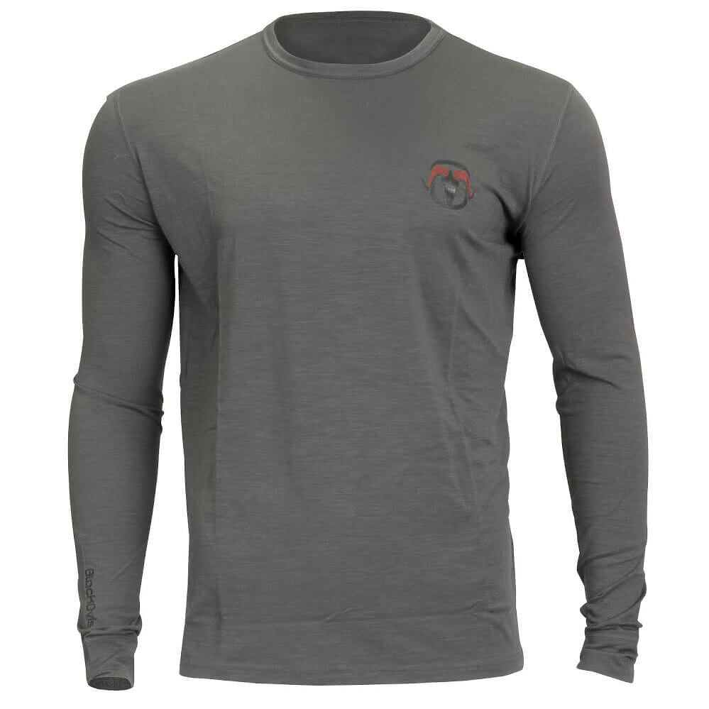 A dark gray long-sleeve crewneck shirt with a small red and black logo on the left chest, displayed on a clean white background.