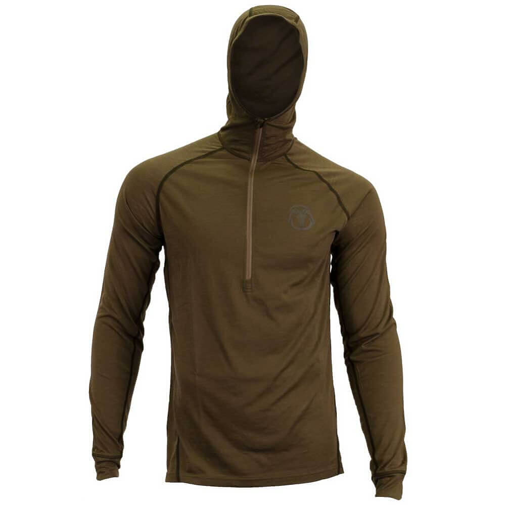 An olive brown hooded long-sleeve quarter-zip pullover top displayed on a headless mannequin torso against a plain white background.