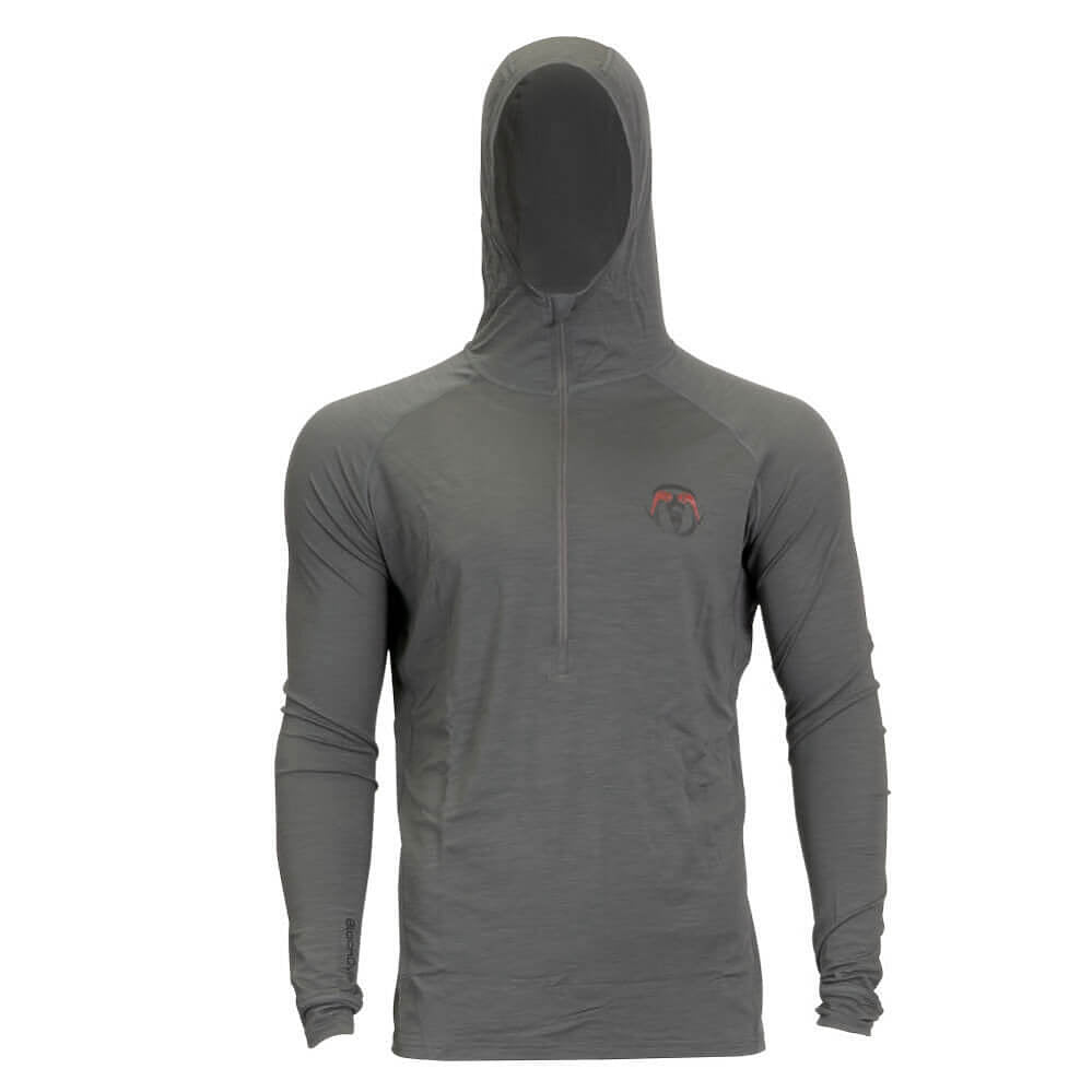 A dark gray long-sleeve hooded quarter-zip pullover with a small red and black chest logo, displayed on a white background.