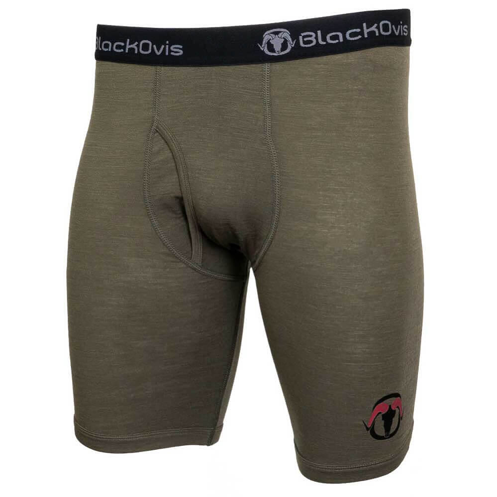 BlackOvis men's athletic boxer briefs in olive green, featuring a black elastic waistband with the brand logo and a small logo on the lower left leg.