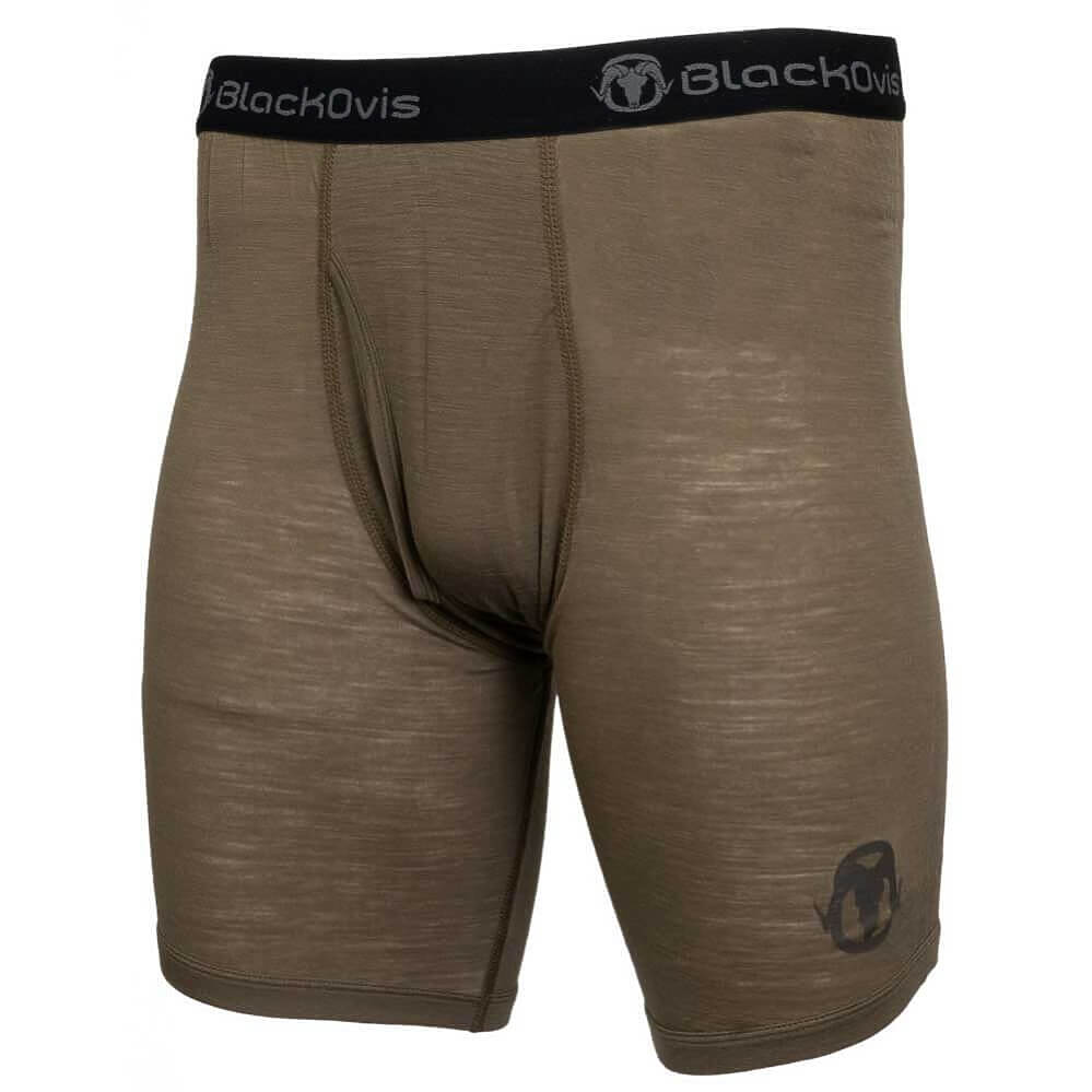 A pair of men's athletic compression shorts in a heathered brownish-olive color, featuring a black elastic waistband with the 'BlackOvis' brand name and logo.