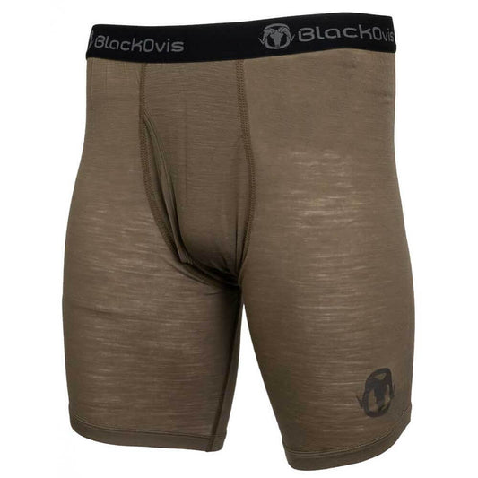 A pair of men's athletic compression shorts in a heathered brownish-olive color, featuring a black elastic waistband with the 'BlackOvis' brand name and logo.