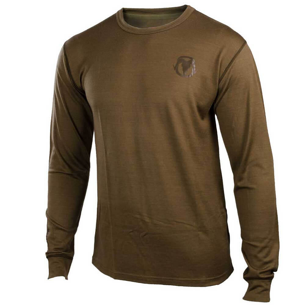 A BlackOvis Black Ovis olive brown long-sleeve crewneck shirt with a small dark logo on the left chest, displayed on a white background.