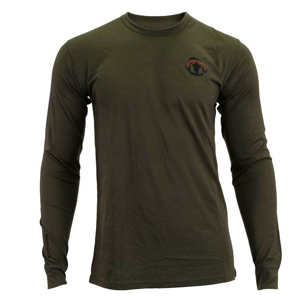 An olive green long-sleeve crewneck shirt with a small black and red logo on the left chest, displayed on a white background.