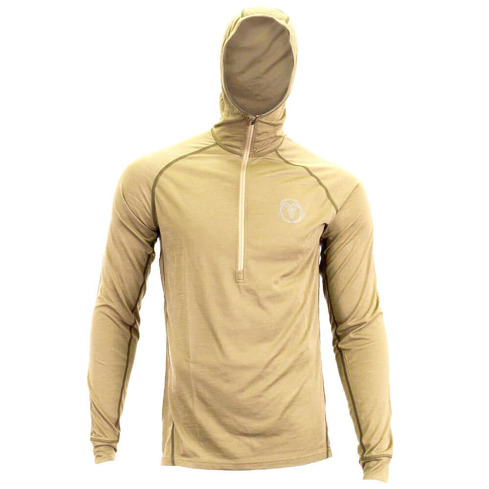 An olive green long-sleeve hooded quarter-zip pullover top with a small circular logo on the left chest, displayed on a headless mannequin against a plain white background.