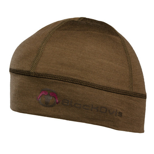 A brown knit beanie hat featuring a black and pink embroidered BlackKovis logo on the front cuff, set against a plain white background.