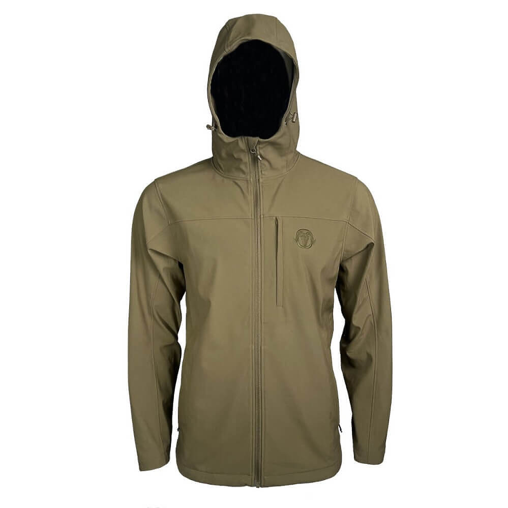 An olive green hooded jacket with a full front zipper, a vertical zippered chest pocket, and a small circular logo on the left chest, displayed on a mannequin against a plain white background.
