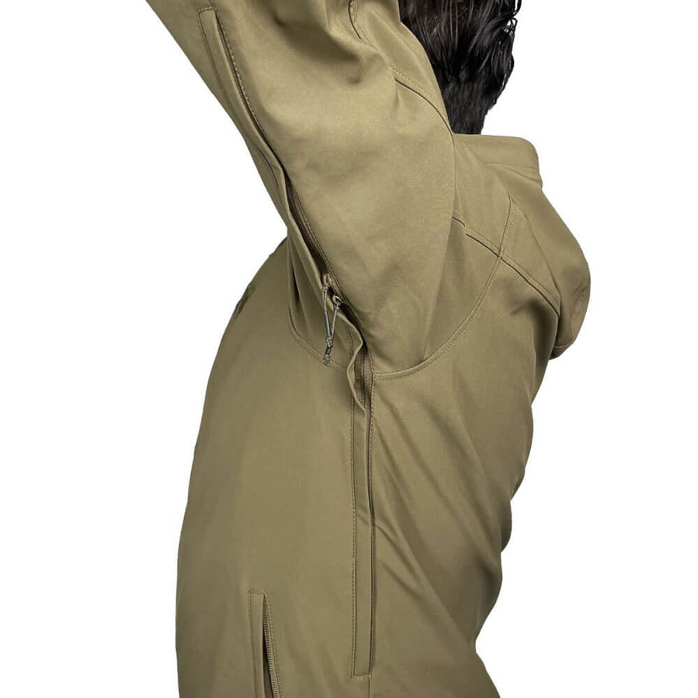 Close-up of a person wearing an olive green hooded jacket, showing the back and side with the hood up, on a plain white background.