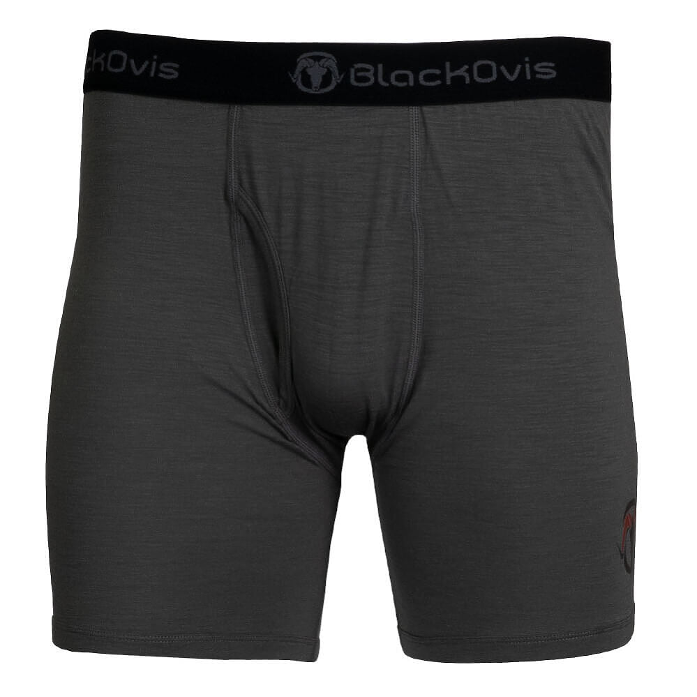 BlackOvis men's boxer briefs in dark gray heather, featuring a black elastic waistband with the brand logo.