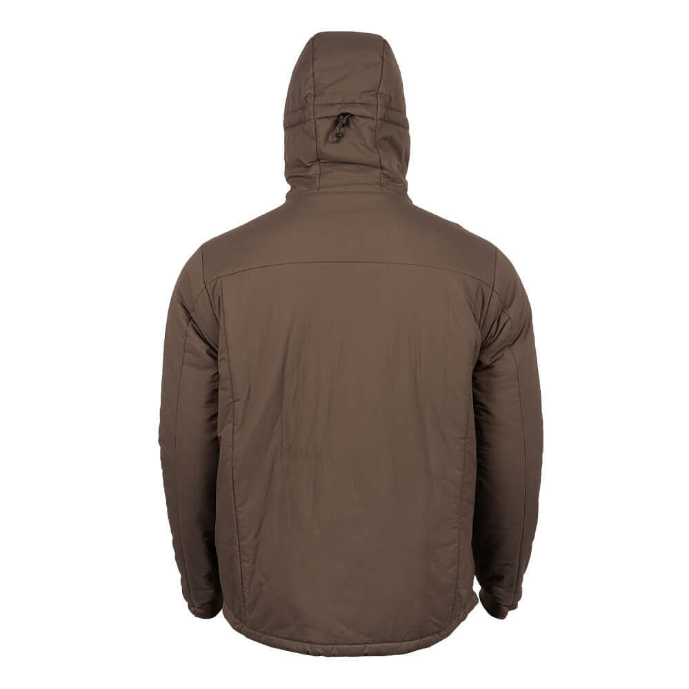 A brown hooded jacket shown from the back, featuring a padded design and a drawstring hood, photographed against a solid white background.