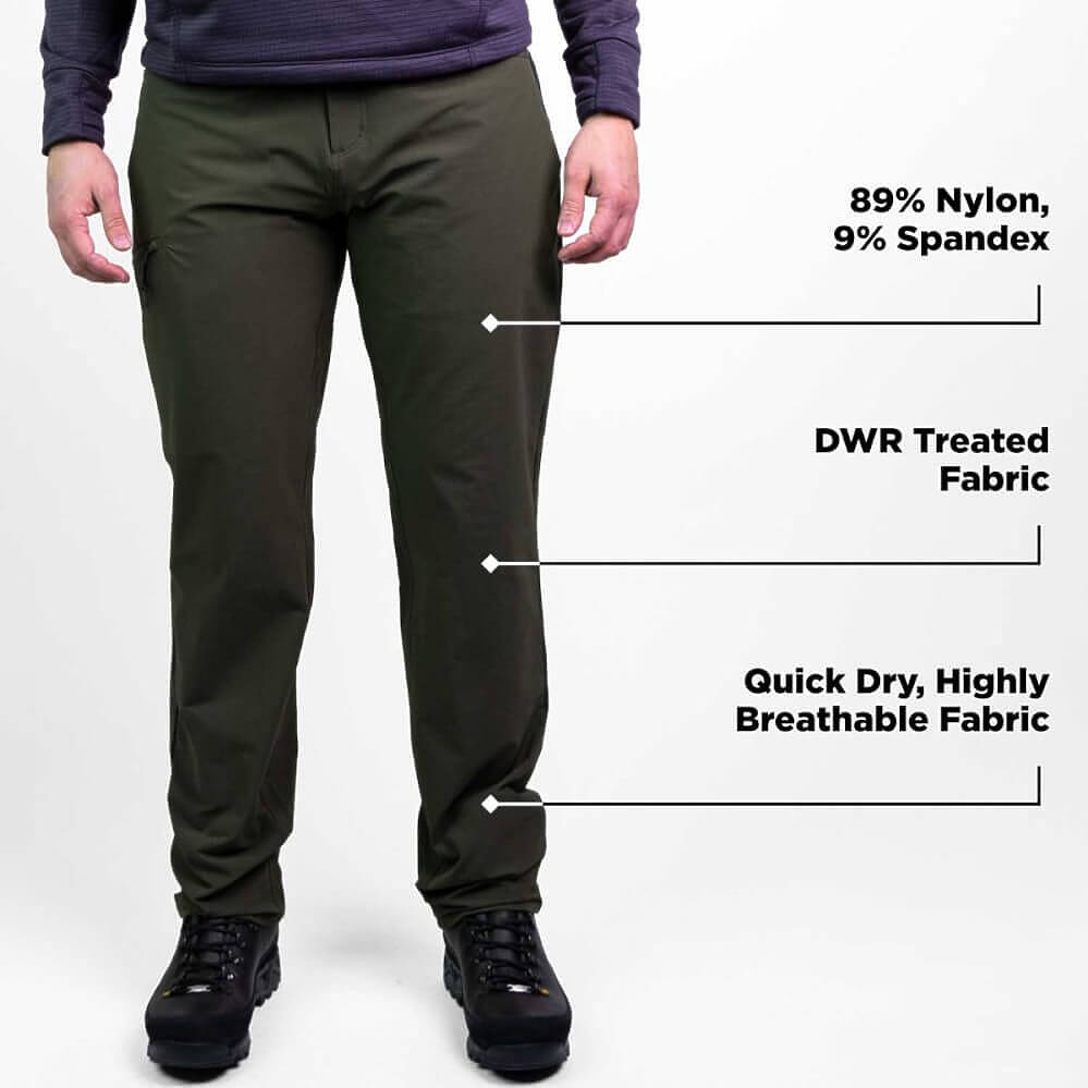 A person wearing dark olive green pants with text callouts on the right listing fabric details: 89% Nylon, 9% Spandex; DWR Treated Fabric; Quick Dry, Highly Breathable Fabric.