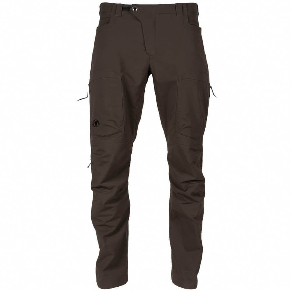 A pair of dark brown technical cargo pants shown flat against a solid white background.