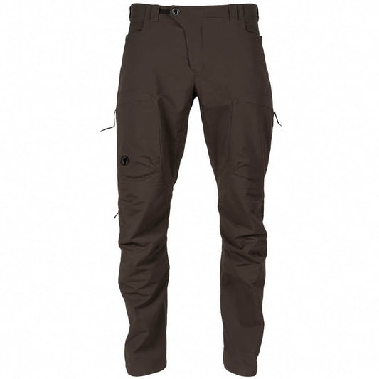 A pair of dark brown technical cargo pants shown flat against a solid white background.