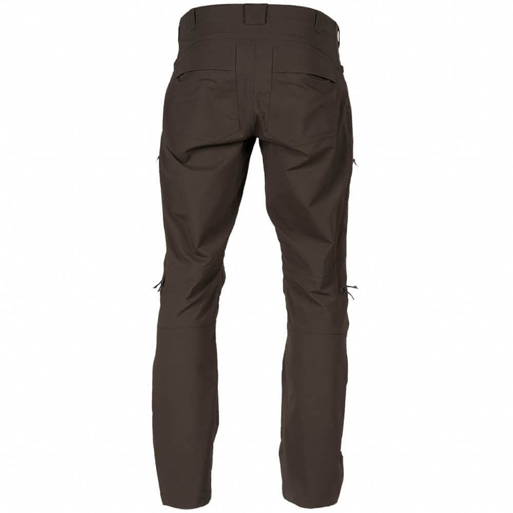 Dark brown outdoor pants shown from the back, featuring a high waistband, rear utility pockets, and zippered knee details, displayed on a clean white background.