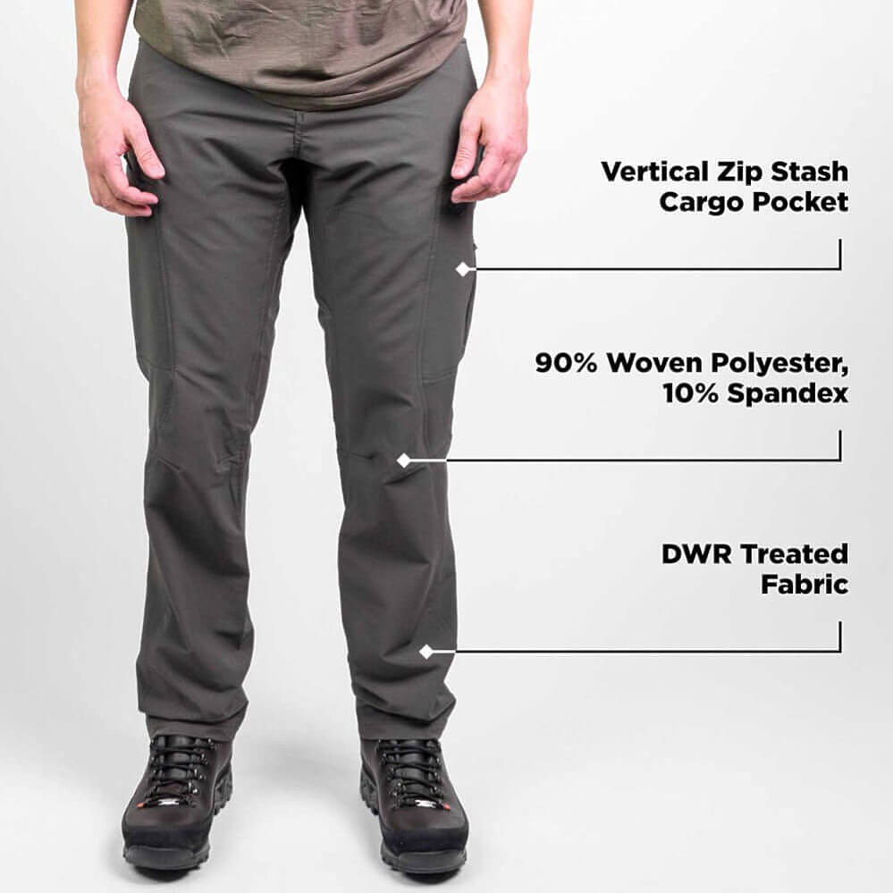 A person wearing dark gray cargo pants with text callouts highlighting features: vertical zip stash cargo pocket, 90% woven polyester 10% spandex fabric, and DWR treated fabric.