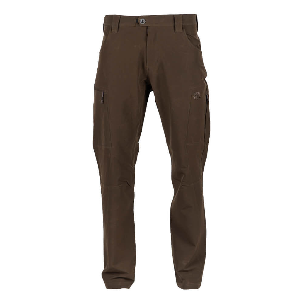 A pair of dark brown technical cargo pants shown flat against a solid white background.