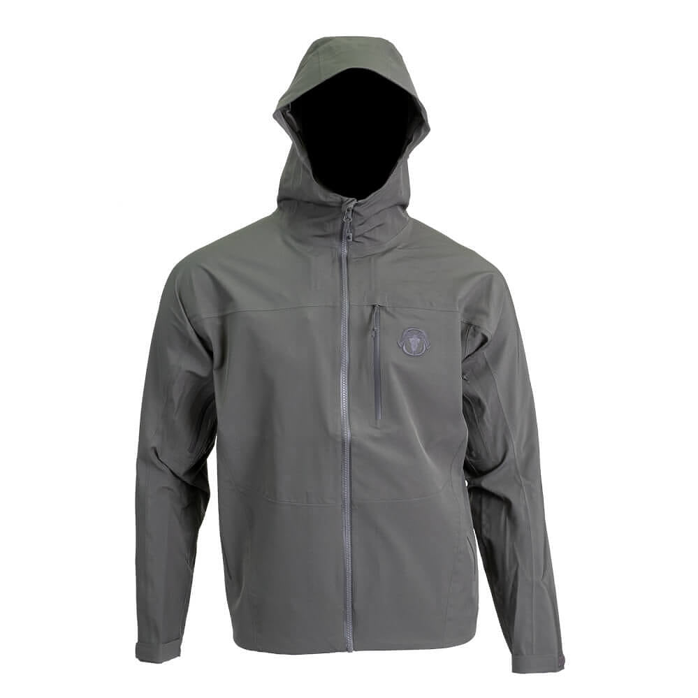 A gray hooded rain jacket with a full front zipper, shown on a white background. The jacket features a subtle circular logo on the left chest.