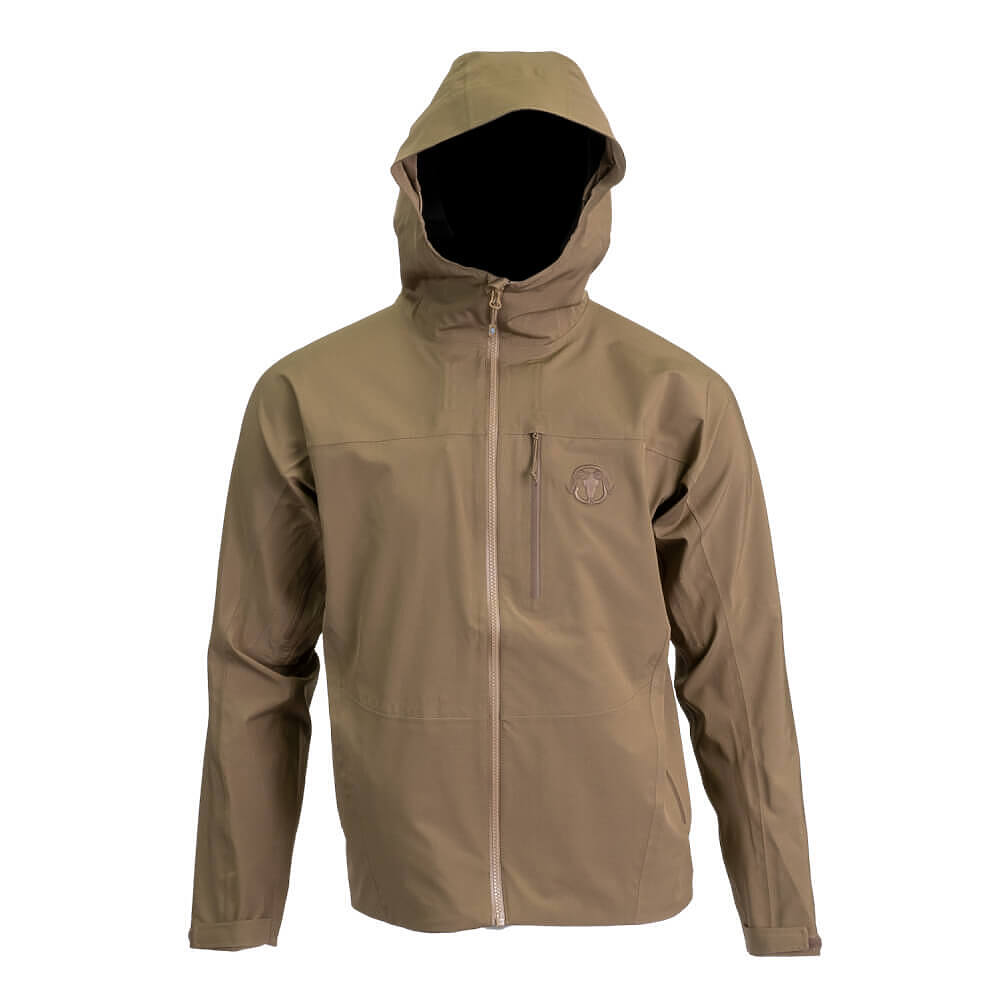A hooded zip-up jacket in a warm khaki-tan color, displayed on a black mannequin torso against a plain white background.