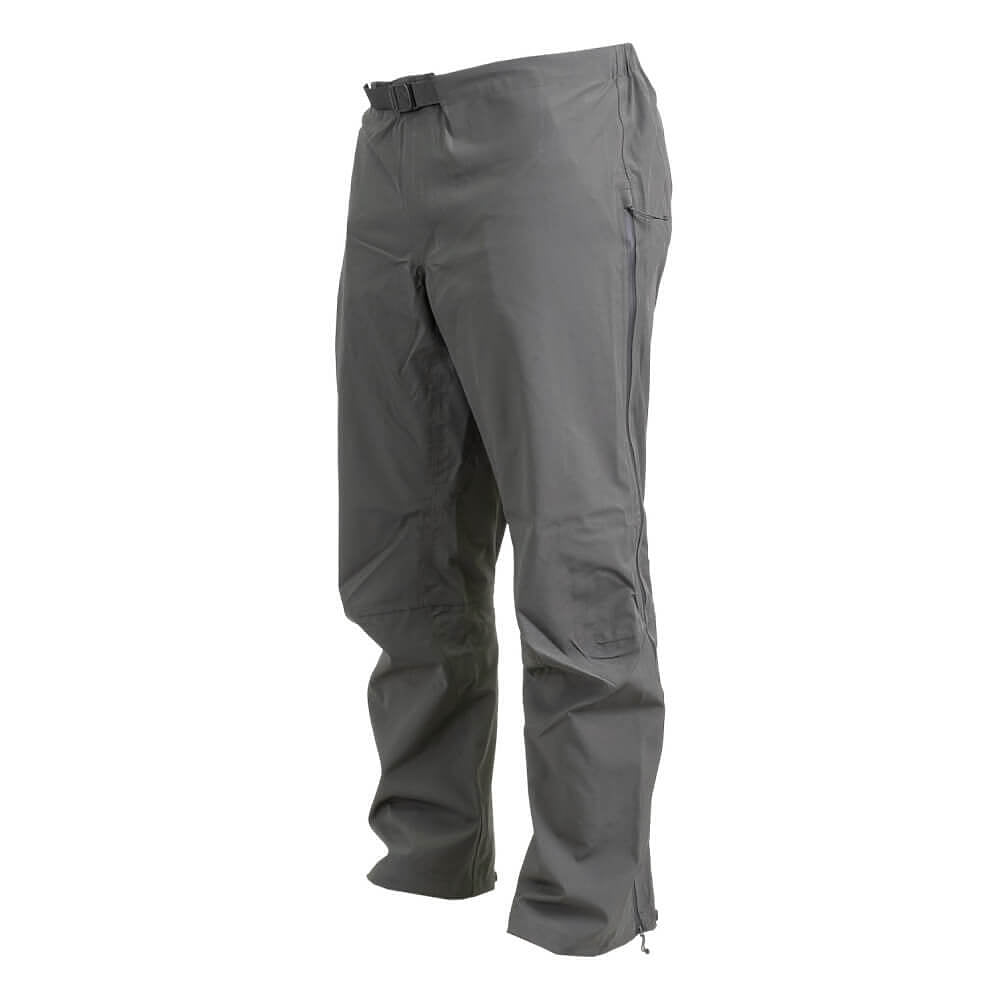 A pair of gray technical outdoor pants shown from a three-quarters angle on a plain white background.
