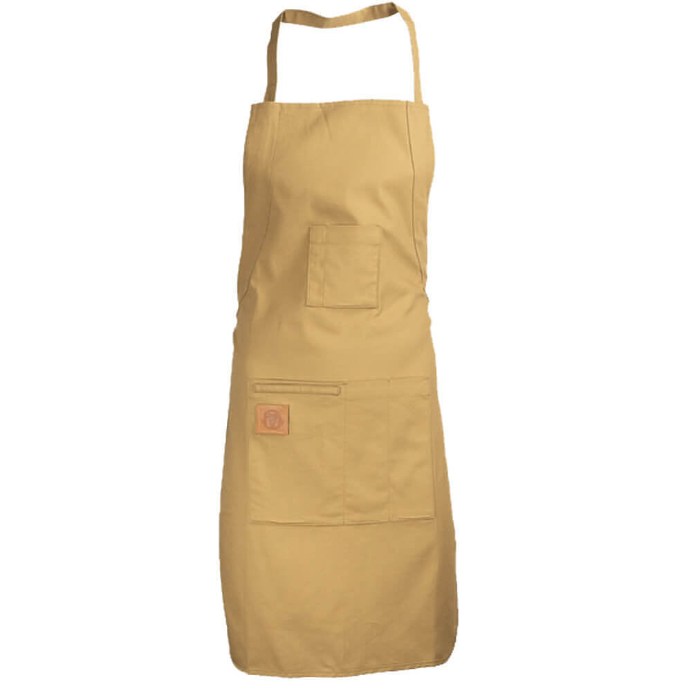 A tan canvas apron with a neck strap and waist ties, featuring a chest pocket and a large lower front pocket with a small orange brand patch.