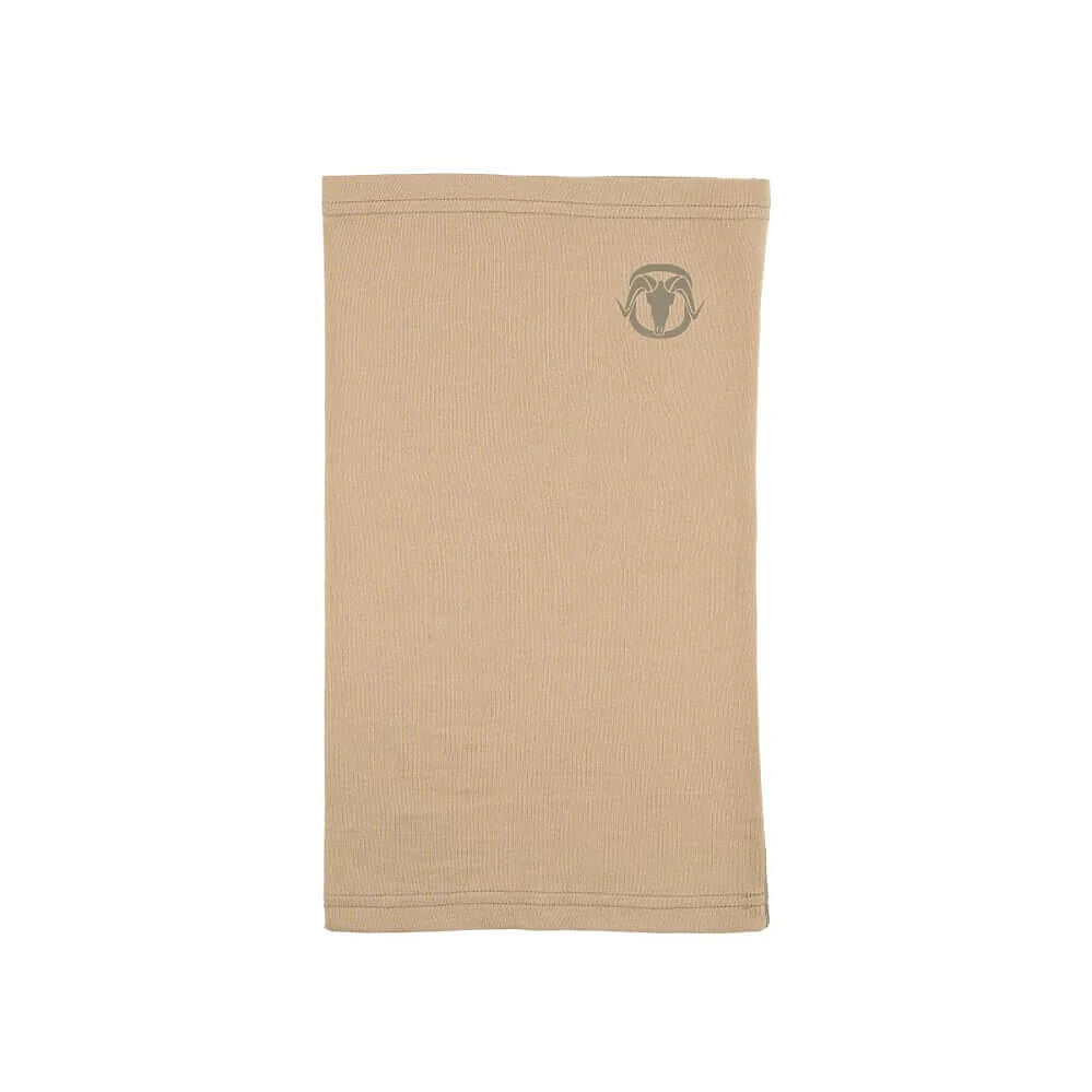 A beige ribbed neck gaiter or balaclava with a small dark gray ram logo on the upper right side, shown flat against a white background.