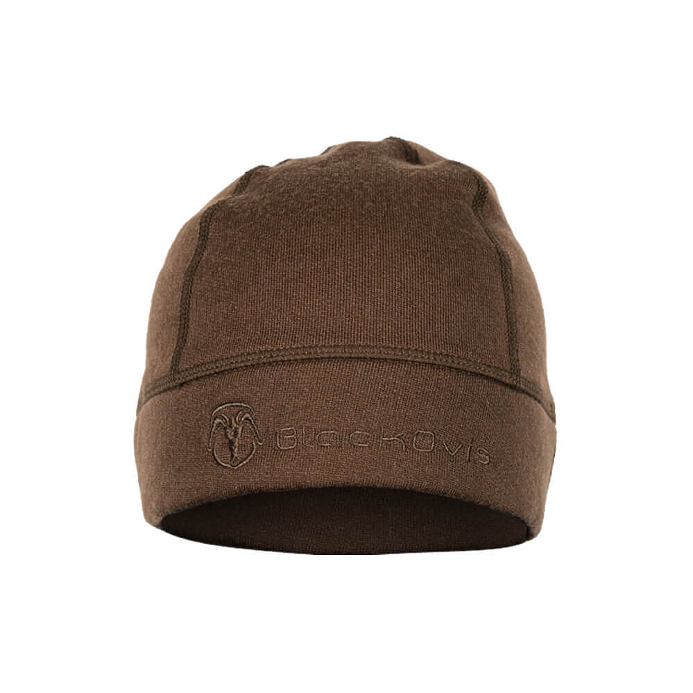 A brown knit beanie hat with a folded cuff featuring an embroidered BlackOvis ram logo and brand name, shown against a plain white background.
