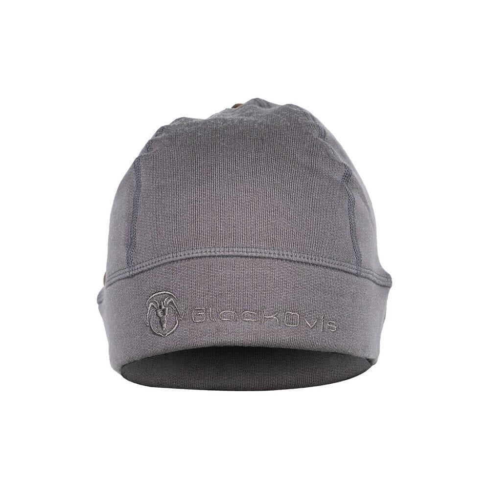 A gray merino beanie hat with a folded cuff featuring an embroidered BlackOvis ram logo and brand name, shown against a plain white background.
