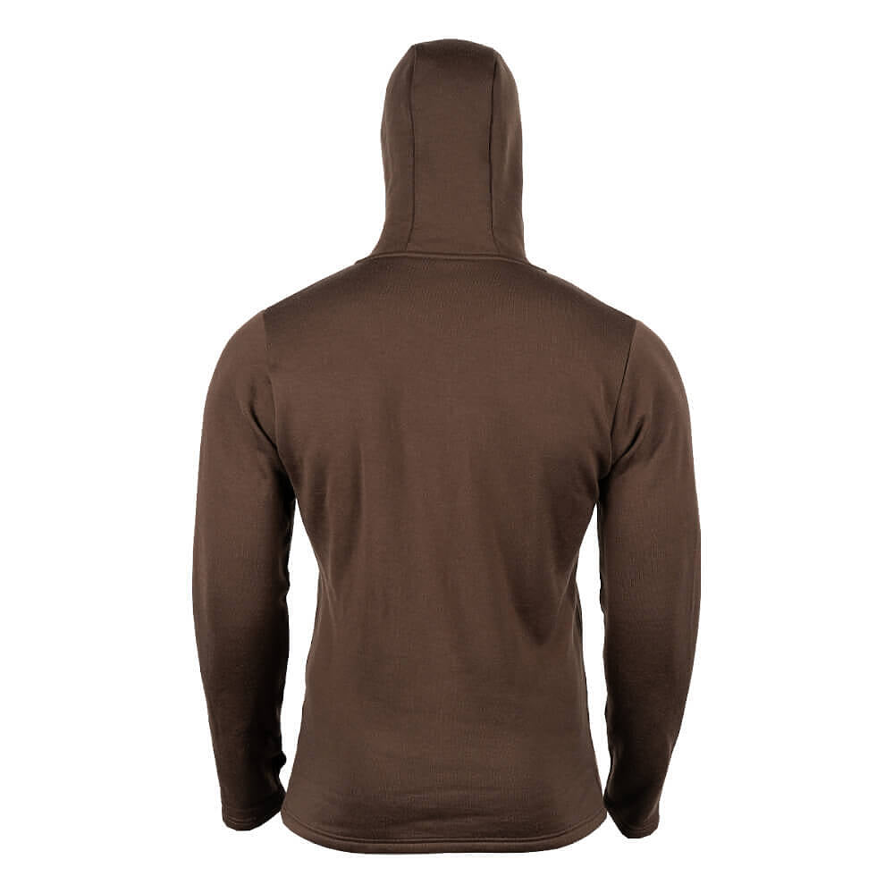 A brown long-sleeve hooded shirt shown from the back, displayed on a headless mannequin against a plain white background.