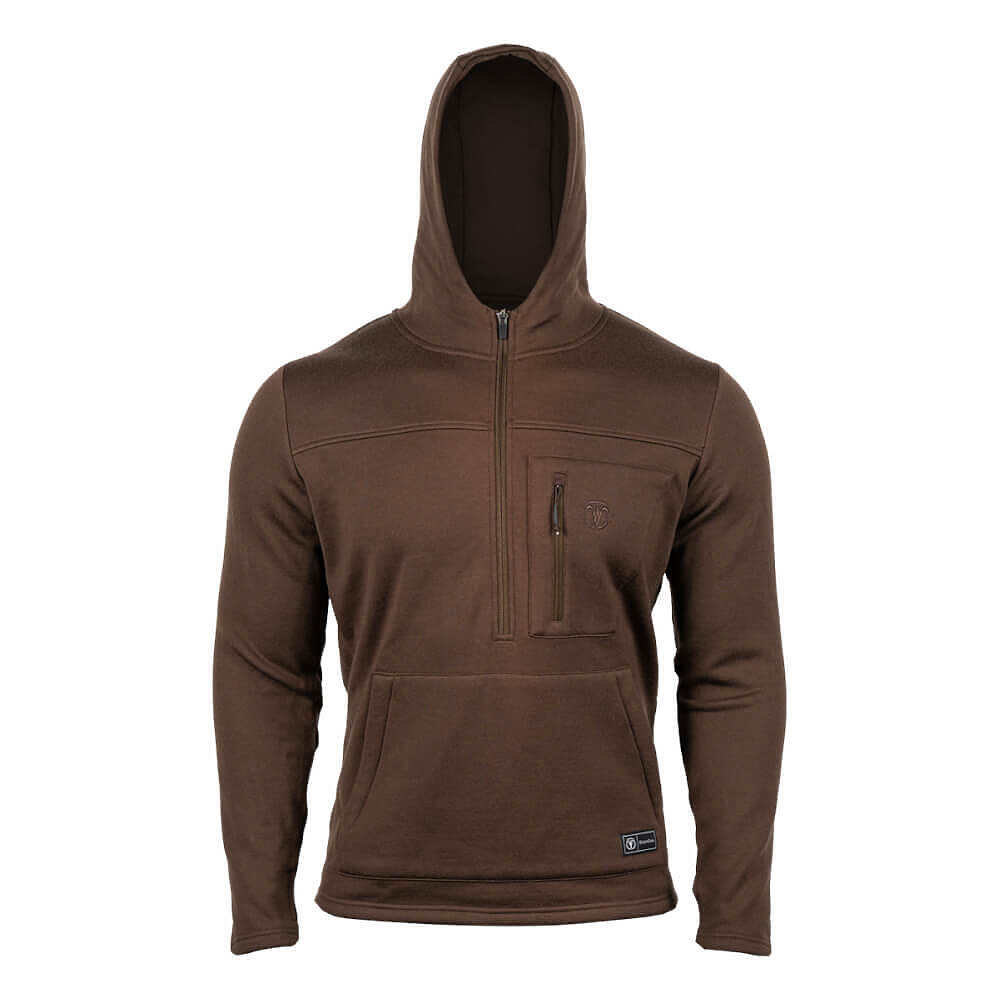 A brown pullover hoodie with a half-zip front, a vertical zippered chest pocket, and a kangaroo pocket, shown on a plain white background.
