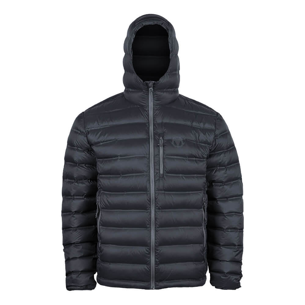 A dark gray hooded puffer jacket with horizontal quilting, a full-length front zipper, and a zippered chest pocket, shown on a plain white background.