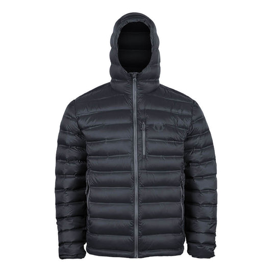 A dark gray hooded puffer jacket with horizontal quilting, a full-length front zipper, and a zippered chest pocket, shown on a plain white background.