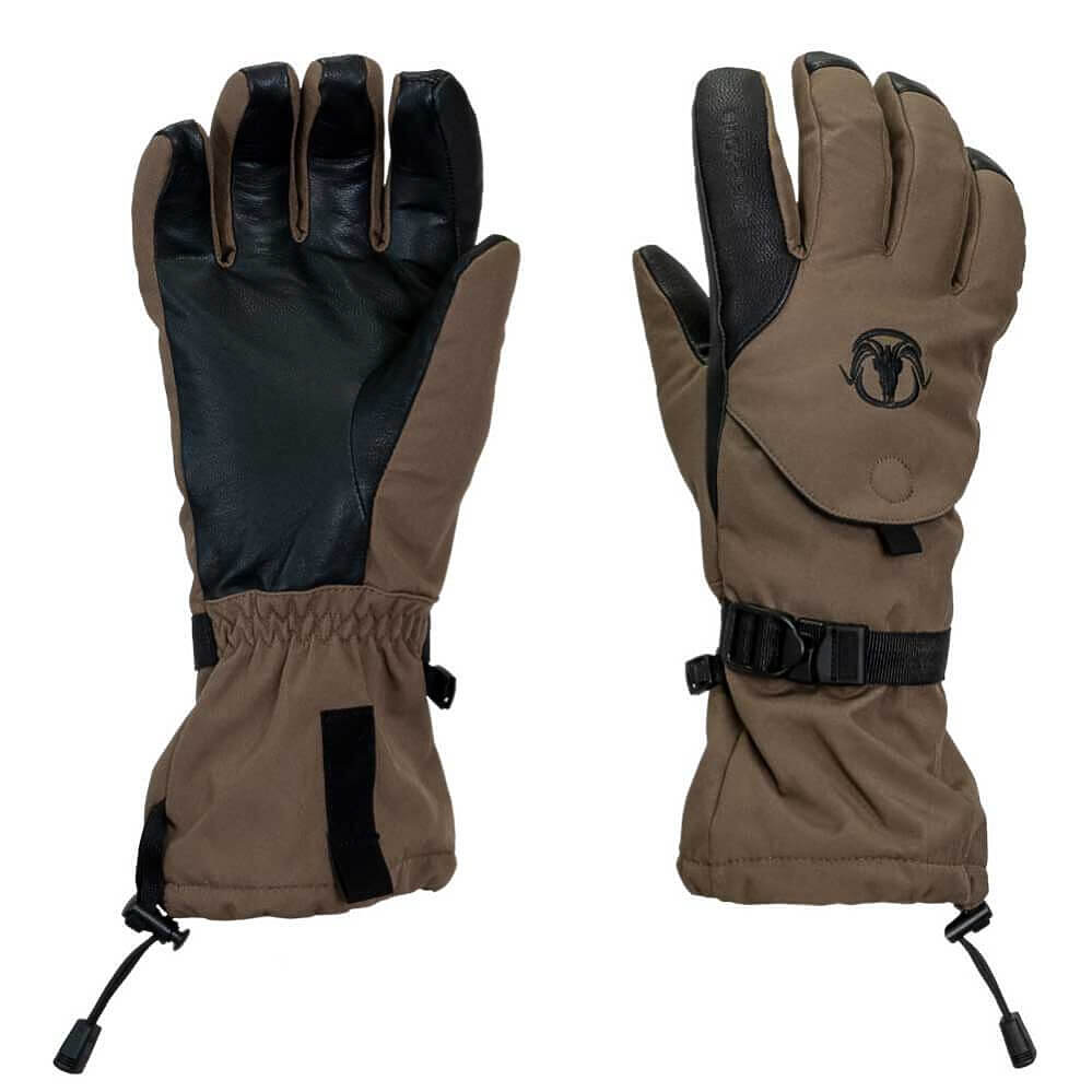 A pair of brown and black winter gloves shown from both front and back views against a plain white background. The gloves feature a brown fabric body with black leather-like palms and fingers, a black wrist strap with a buckle on one glove, and a black logo on the back.