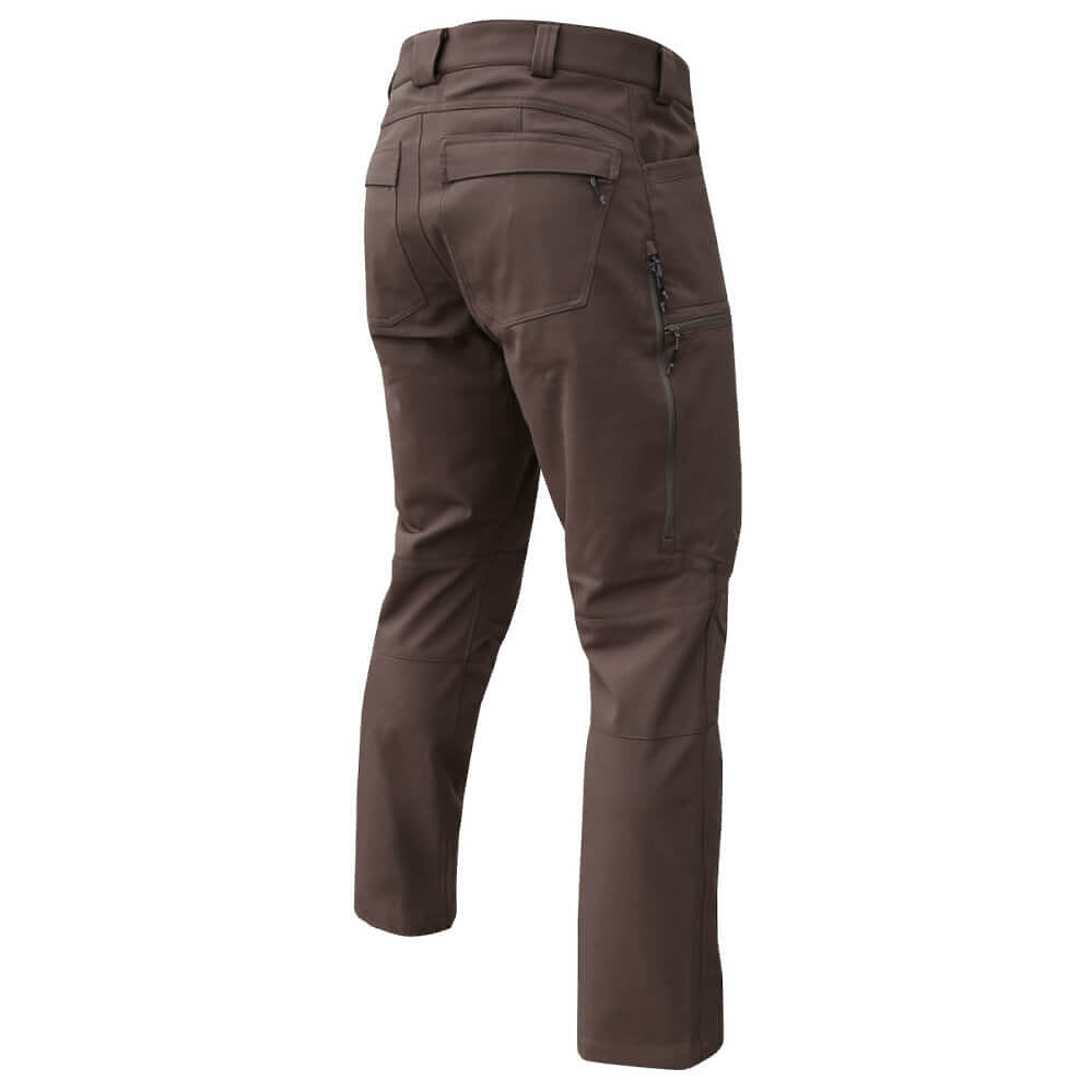 A pair of dark brown technical outdoor pants shown from the back, featuring zippered pockets and a belt loop, on a solid white background.