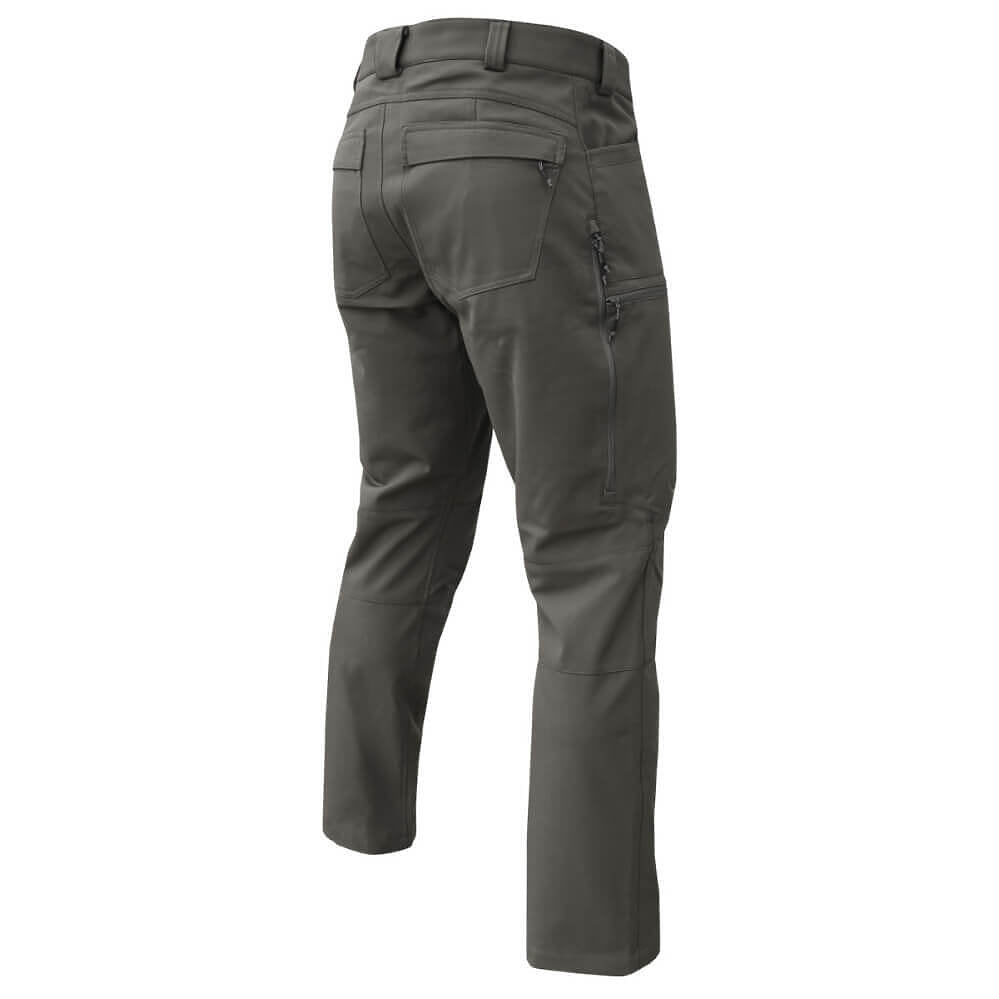 A pair of dark gray tactical pants shown from the back, featuring zippered pockets and a belt loop, on a solid white background.